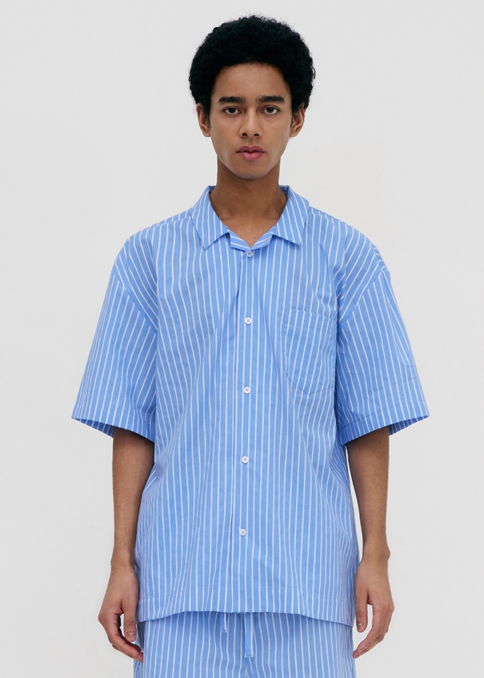 Stay Stripe Pajamas Short Sleeve Shirts - Light Blue